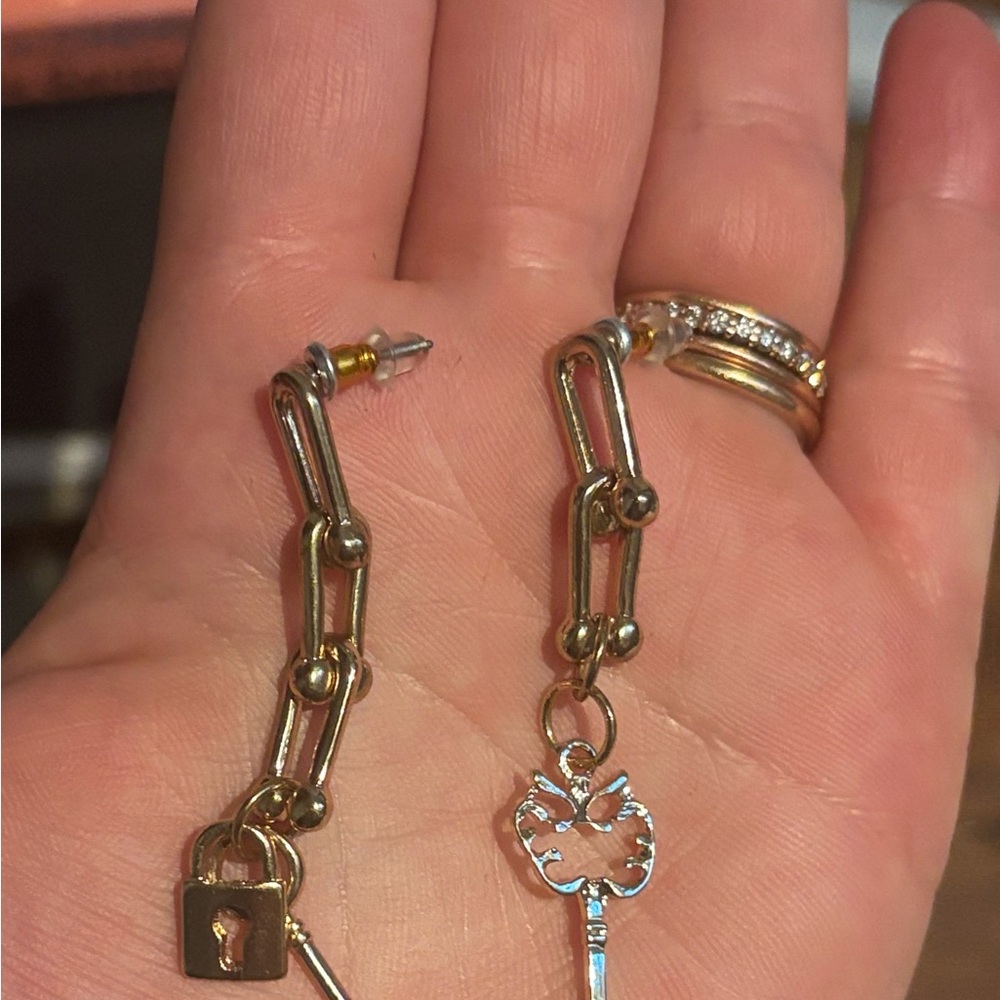 Gold Tone Lock & Key Dangle Earrings